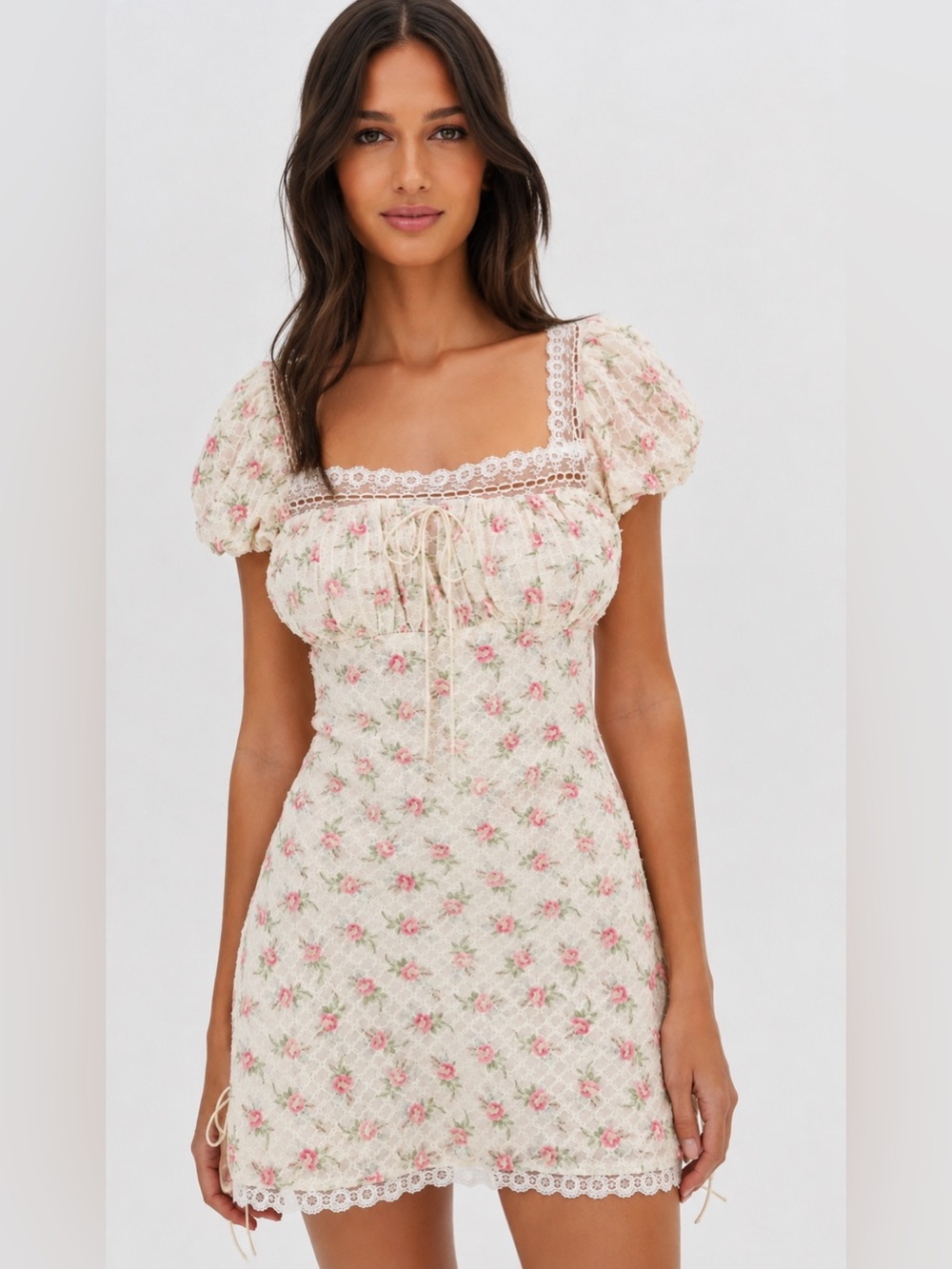 For Love & Lemons Maxine Mini Dress Pink Floral Lace Puff Sleeve NWT Size M
